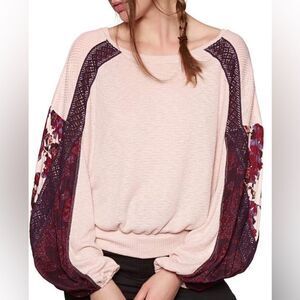 Free People Casual Clash Long Sleeve Womens Mixed Print Top Shirt Pink XS